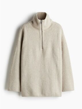 H&M Wool Blend Thick Ribbed Knit Half-Zip Long Length Pullover Sweater